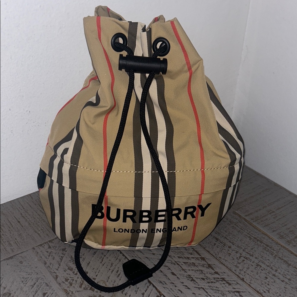 Burberry Beige Signature Stripe Drawstring Mini Bag with Black Cord